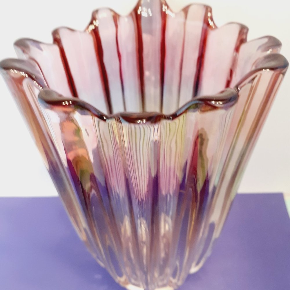 Irridescent  heavy glass Vase Ruffled Purple gold 8"